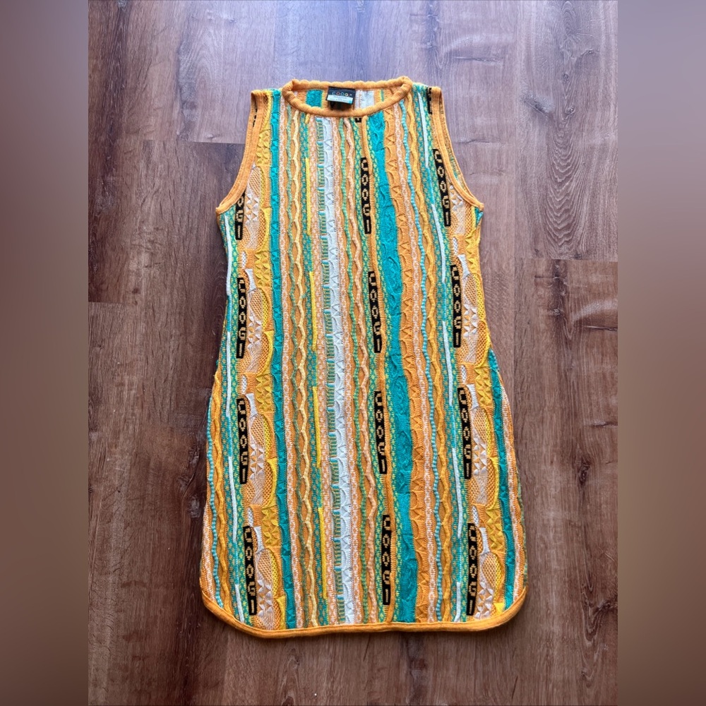 Coogi Sweater Dress Women’s Size XXL Green Yellow Midi Acrylic Sleeveless